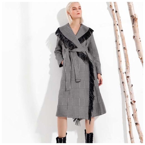 Houndstooth Microfiber Fringe Long Jacket - Picture 2 of 8